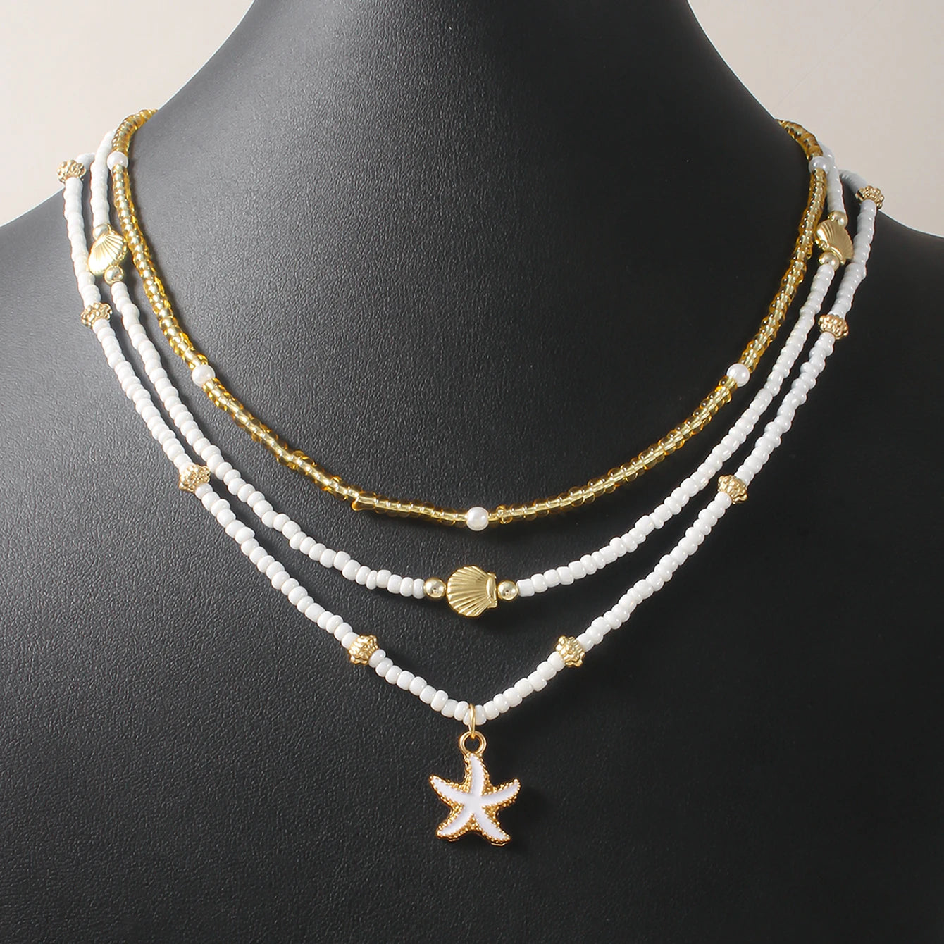 Collier Vintage Women's Multi-layer Stacked Handmade Seed Bead Choker Trendy Starfish Shell Pendant Necklace Summer Beach Party Jewelry