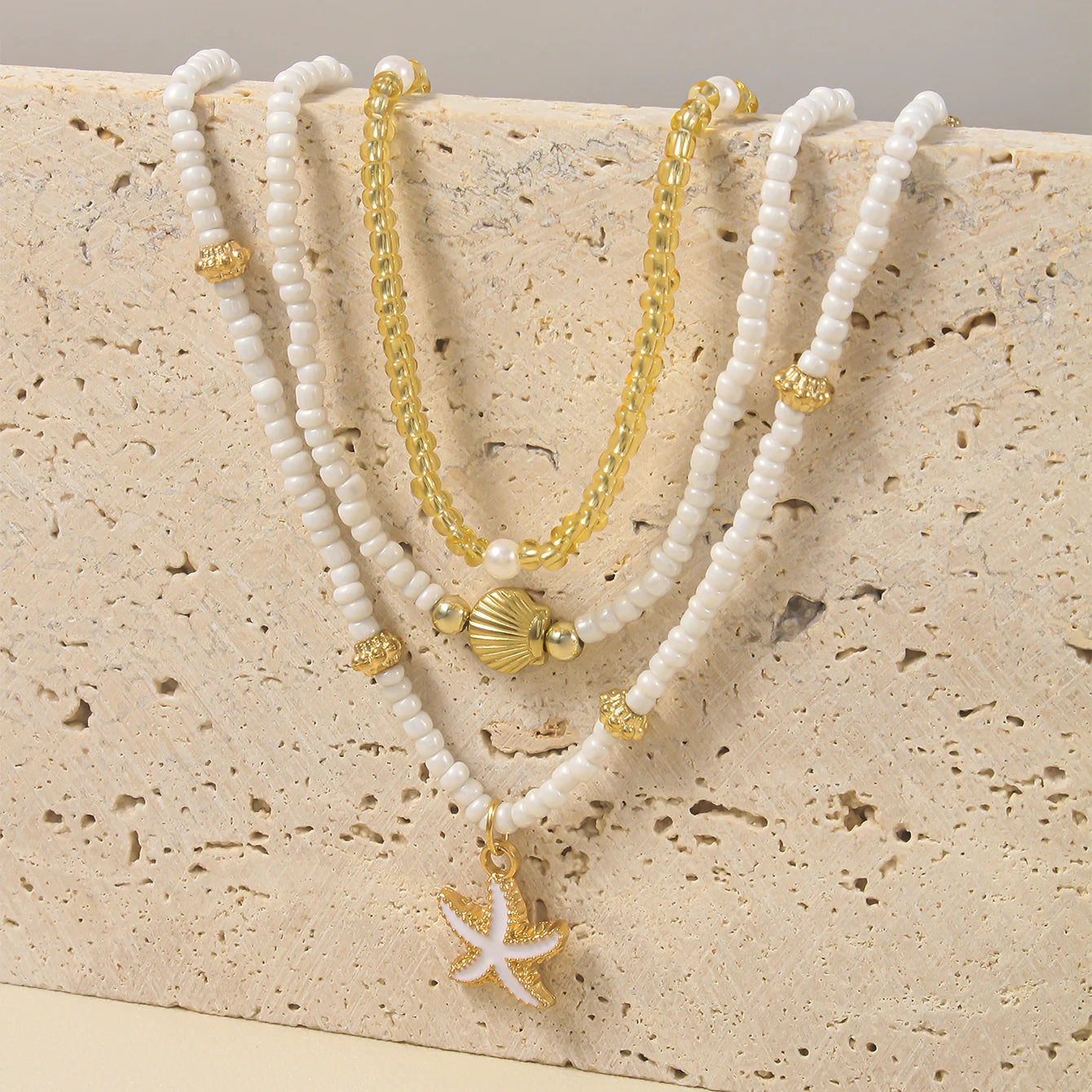 Collier Vintage Women's Multi-layer Stacked Handmade Seed Bead Choker Trendy Starfish Shell Pendant Necklace Summer Beach Party Jewelry