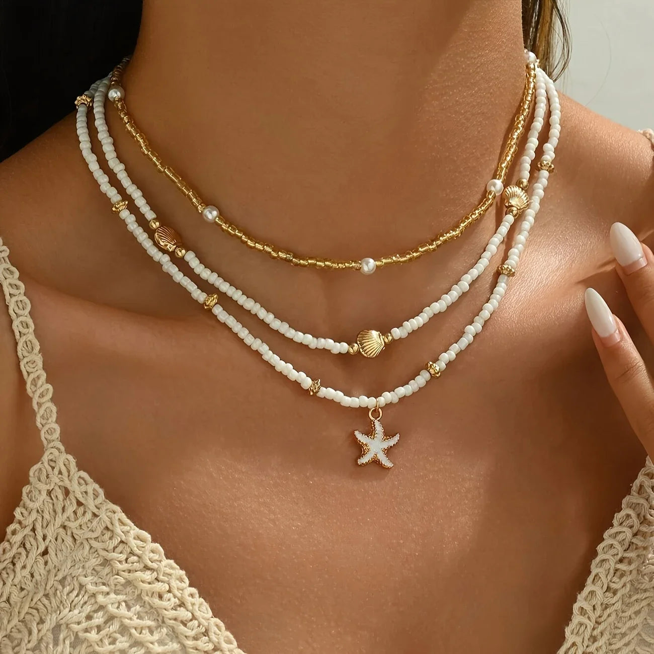 Collier Vintage Women's Multi-layer Stacked Handmade Seed Bead Choker Trendy Starfish Shell Pendant Necklace Summer Beach Party Jewelry