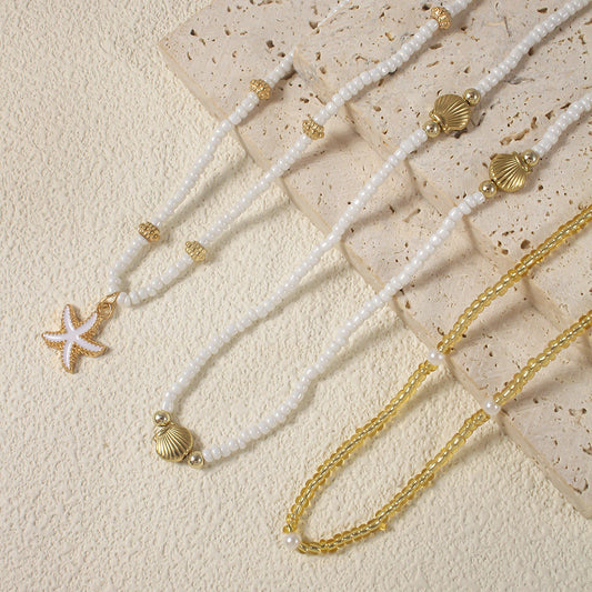 Collier Vintage Women's Multi-layer Stacked Handmade Seed Bead Choker Trendy Starfish Shell Pendant Necklace Summer Beach Party Jewelry