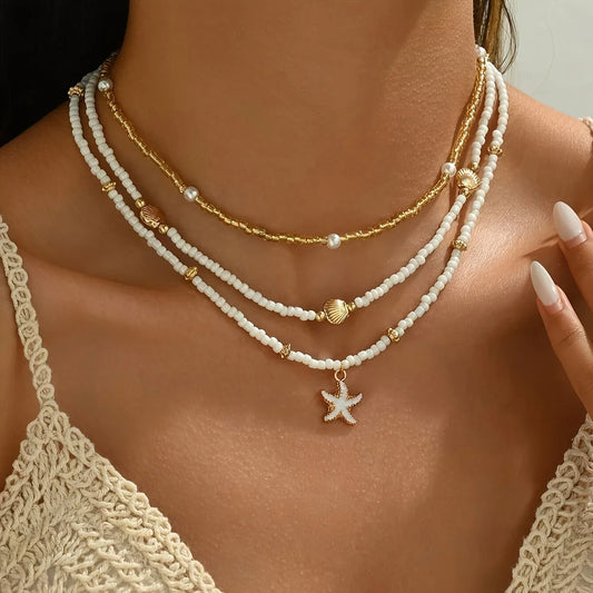 Collier Vintage Women's Multi-layer Stacked Handmade Seed Bead Choker Trendy Starfish Shell Pendant Necklace Summer Beach Party Jewelry